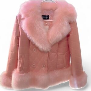 Pastel Pink Faux Fur Trimmed Vegan Faux Leather Quilted Coat Cutegoth Kawaii